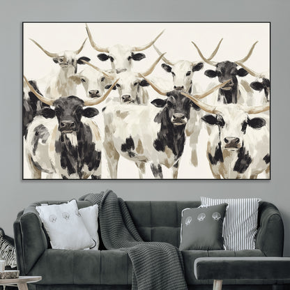 Canvas of a Texas Longhorn cattle herd in neutral black and white tones, ideal for rustic farmhouse or western-themed decor.