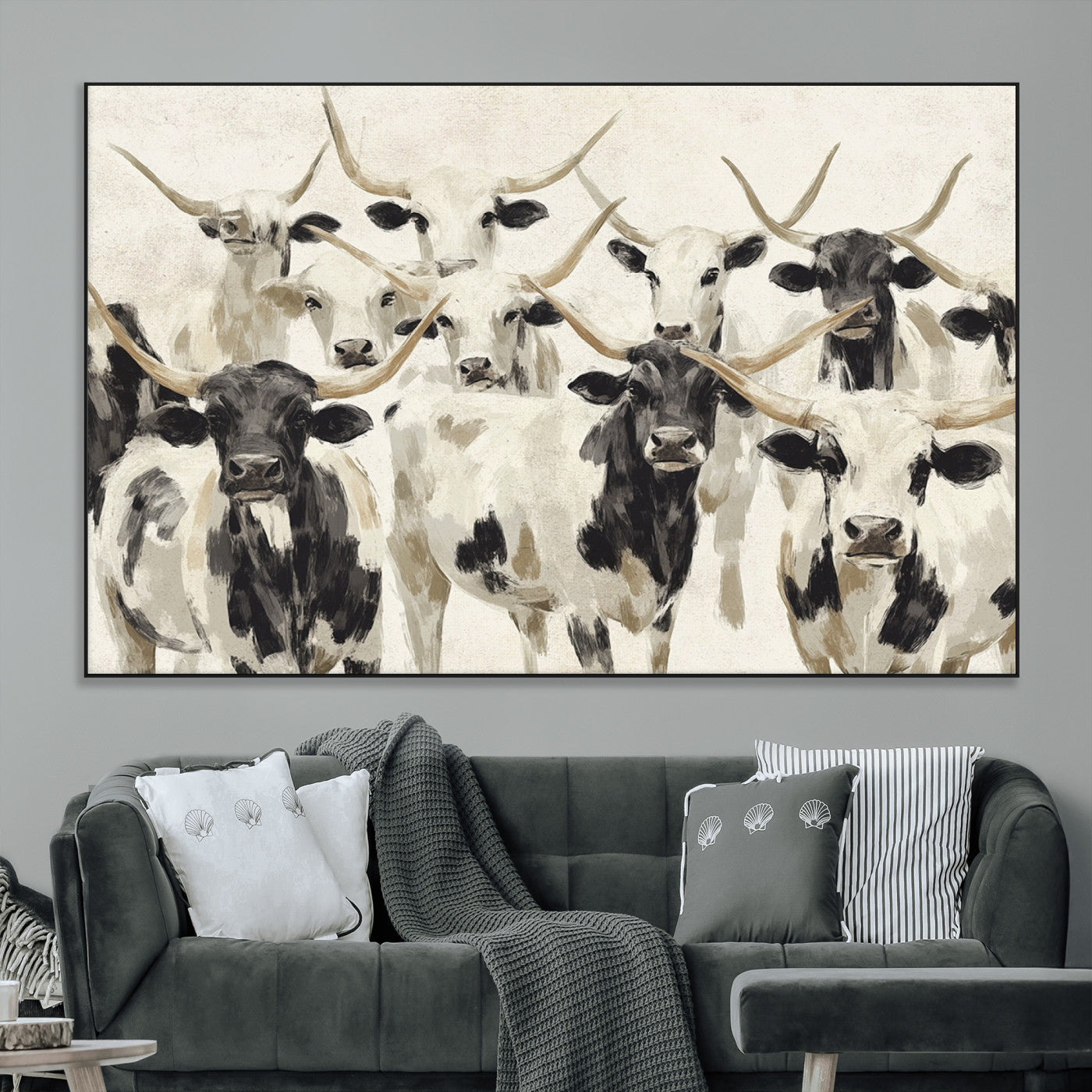 Canvas of a Texas Longhorn cattle herd in neutral black and white tones, ideal for rustic farmhouse or western-themed decor.