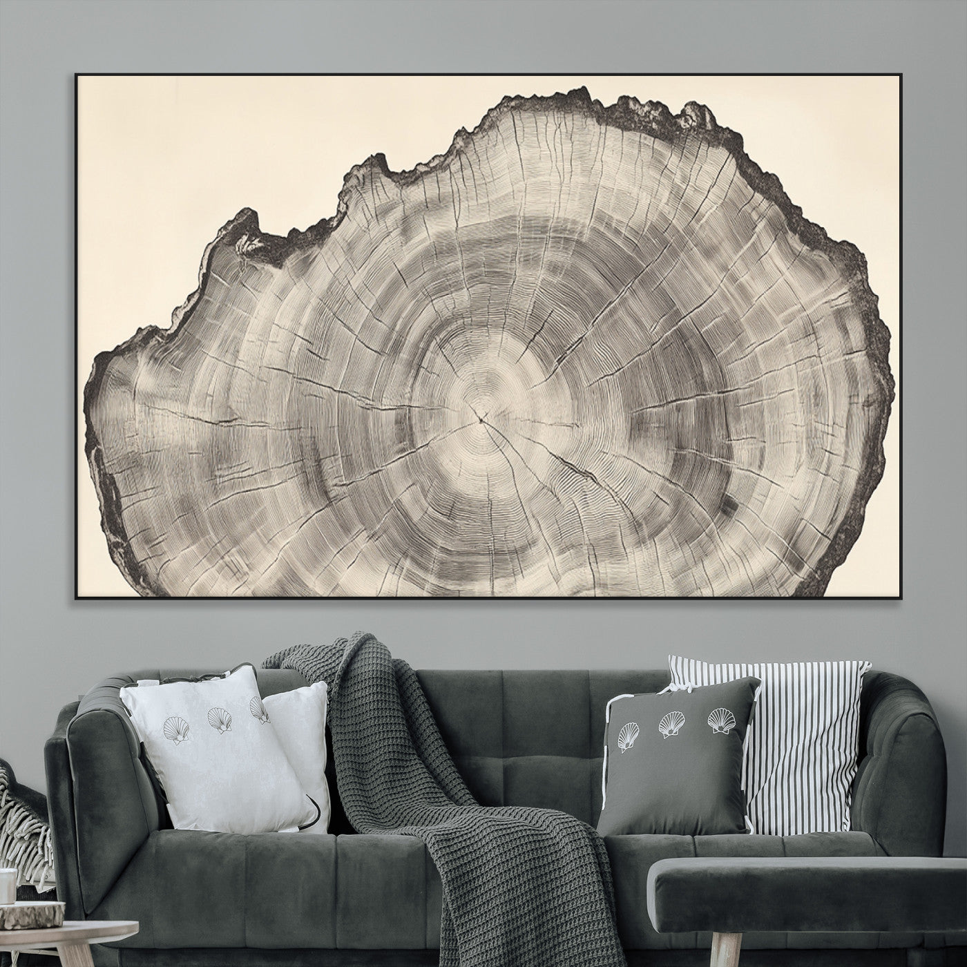 Detailed tree ring drawing in monochrome tones, ideal for rustic or nature-inspired interiors with a minimal decor aesthetic.