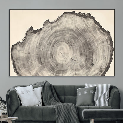 Detailed tree ring drawing in monochrome tones, ideal for rustic or nature-inspired interiors with a minimal decor aesthetic.