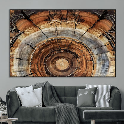 Canvas of tree rings and natural wood grain in earthy tones, ideal for rustic or vintage-inspired home decor with organic textures.