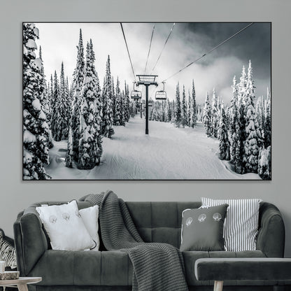 Canvas of a snowy ski lift scene through a forest of tall pine trees, ideal for moody winter or alpine-themed home decor.