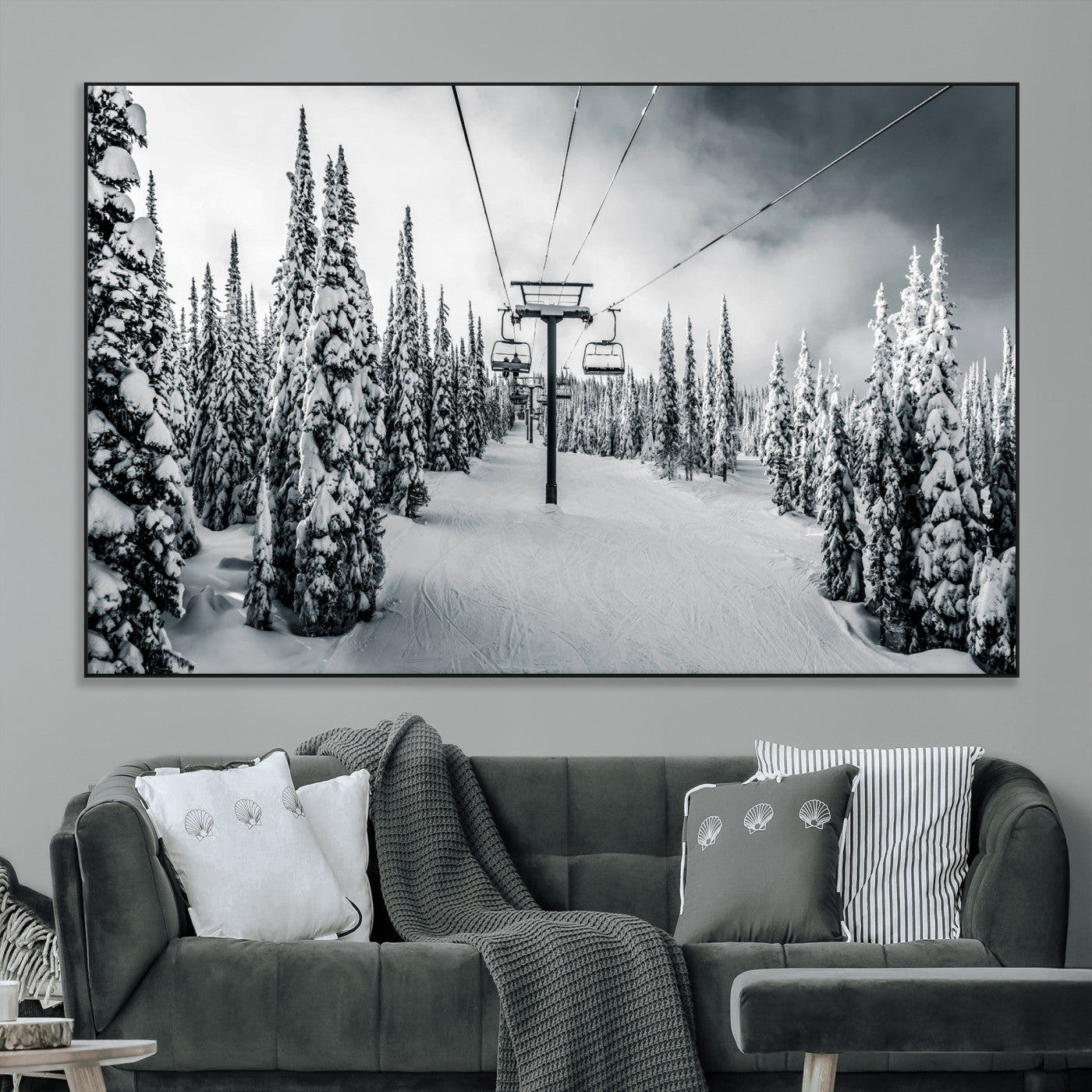 Canvas of a snowy ski lift scene through a forest of tall pine trees, ideal for moody winter or alpine-themed home decor.