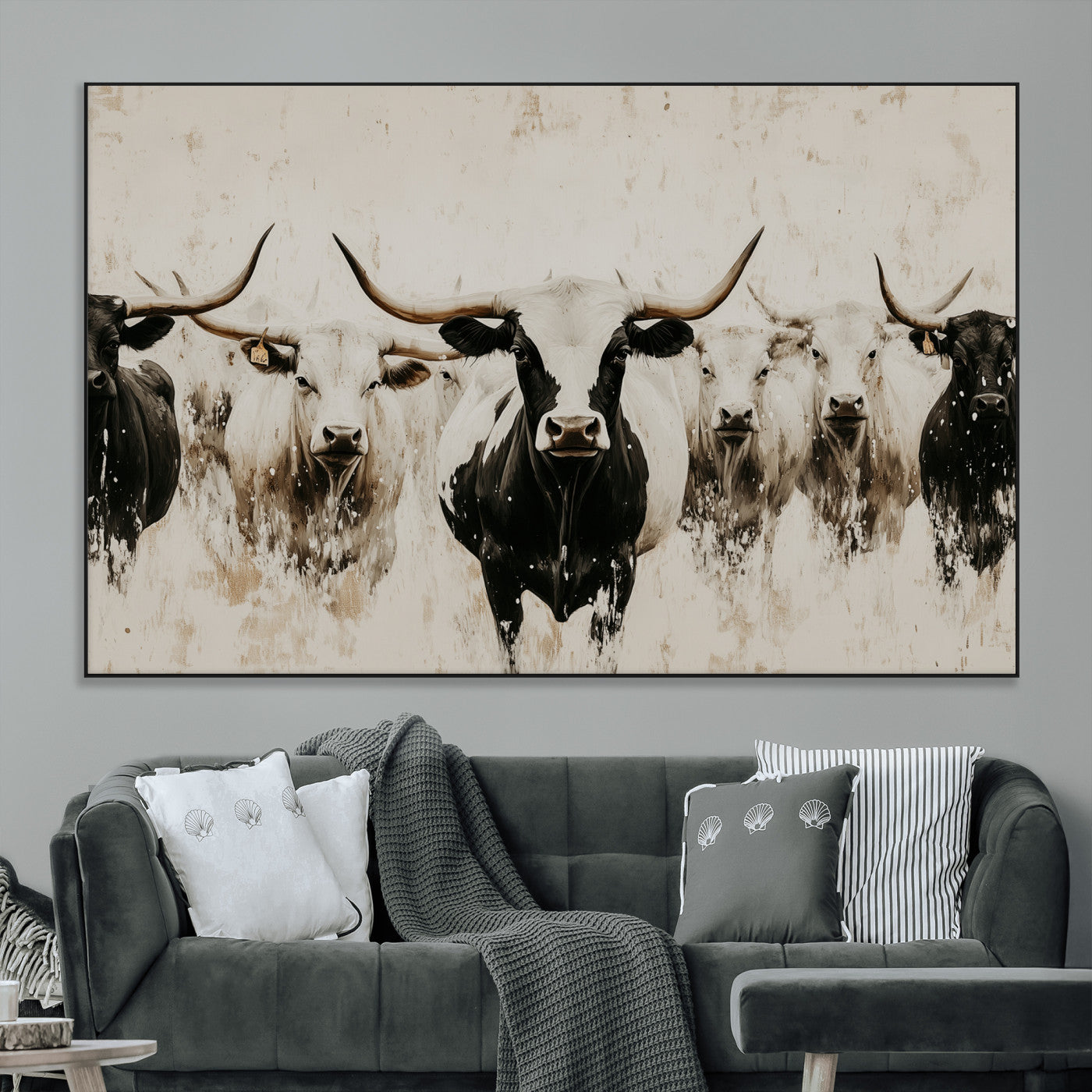 Illustrated herd of longhorn cattle in black and white tones with a neutral textured background, perfect for rustic or farmhouse-style decor.