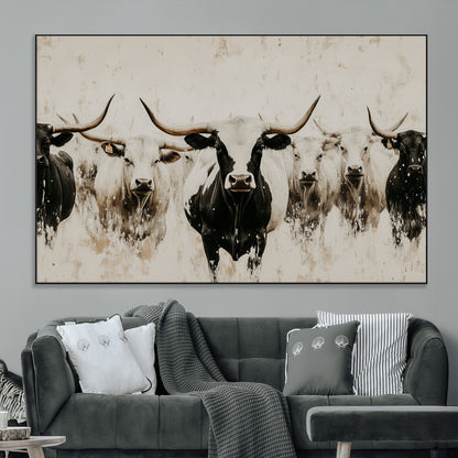 Illustrated herd of longhorn cattle in black and white tones with a neutral textured background, perfect for rustic or farmhouse-style decor.