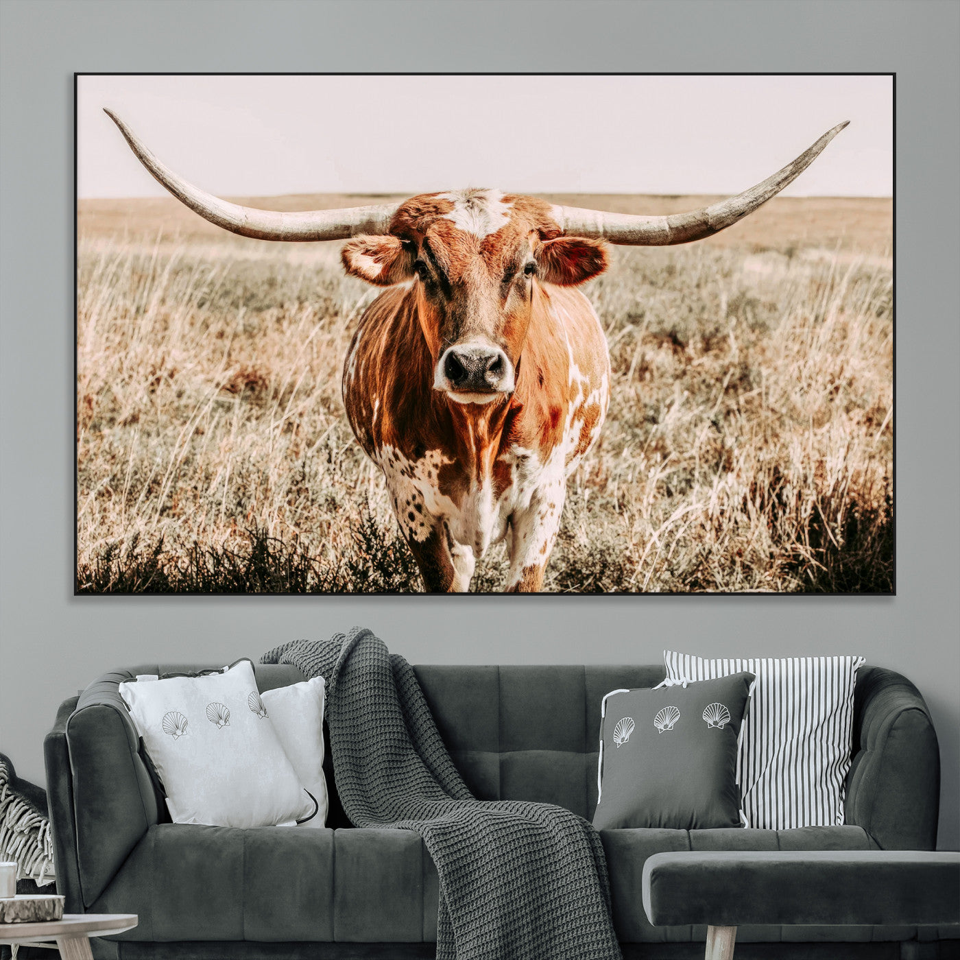 Framed longhorn cow canvas wall art with rustic prairie background, western animal print perfect for farmhouse or ranch style decor