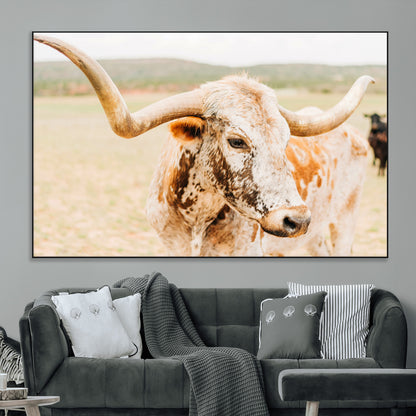 Close-up of a speckled Texas Longhorn in warm prairie tones, perfect for rustic western or countryside-themed room decor.