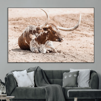 Texas Longhorn bull resting on dusty ground with warm tones, ideal for rustic western or farmhouse-themed wall decor.
