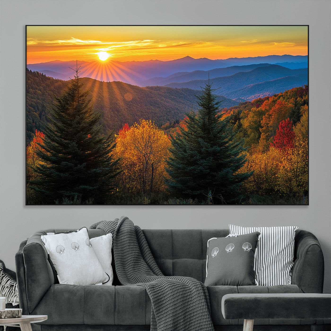 Vibrant sunset over autumn mountains with colorful trees and warm light, ideal for nature lovers or cabin-style wall decor.