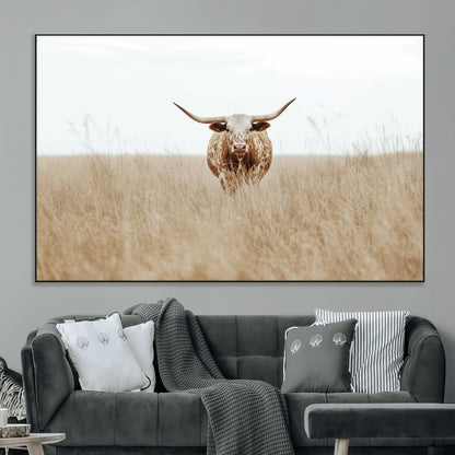Texas Longhorn bull standing alone in dry grass with neutral tones, ideal for rustic western or cowboy-themed wall decor.