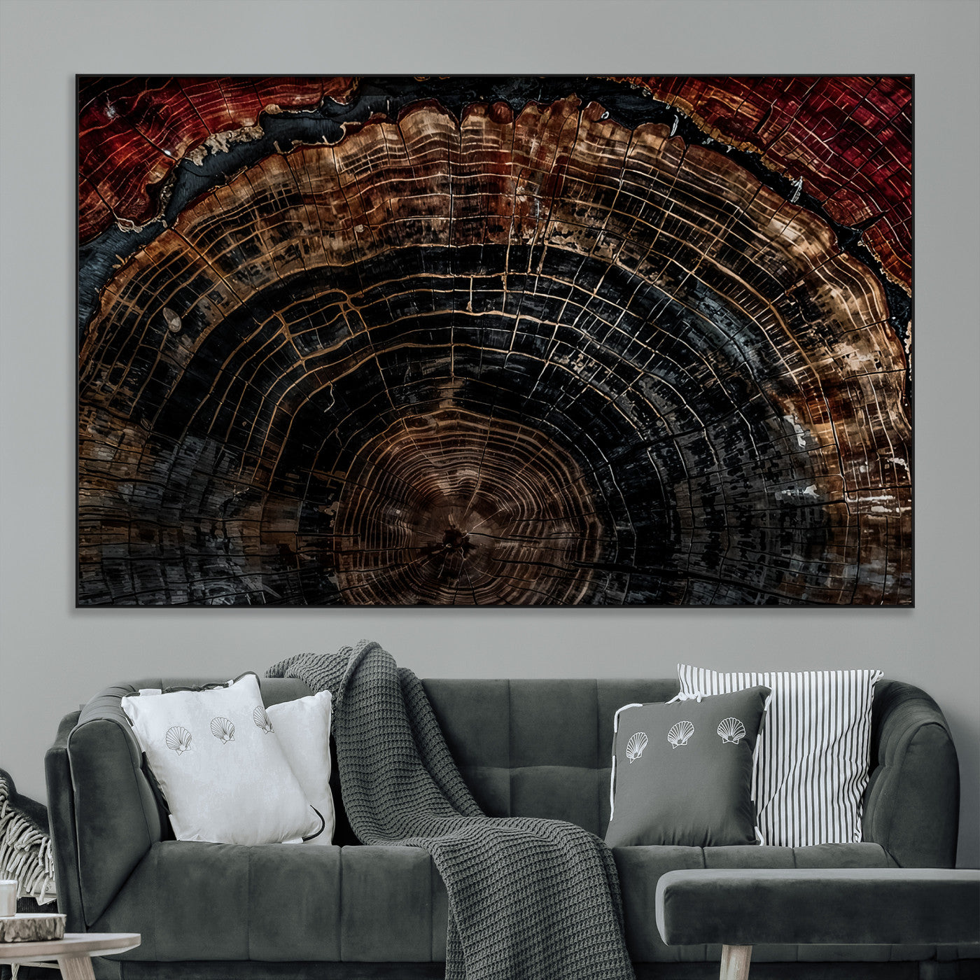 Dark Wood Wall Art Print - Petrified Tree Canvas Print, featuring an intricate tree ring pattern with deep earthy tones and organic textures, perfect for rustic and nature-inspired decor.