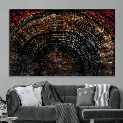 Dark Wood Wall Art Print - Petrified Tree Canvas Print, featuring an intricate tree ring pattern with deep earthy tones and organic textures, perfect for rustic and nature-inspired decor.