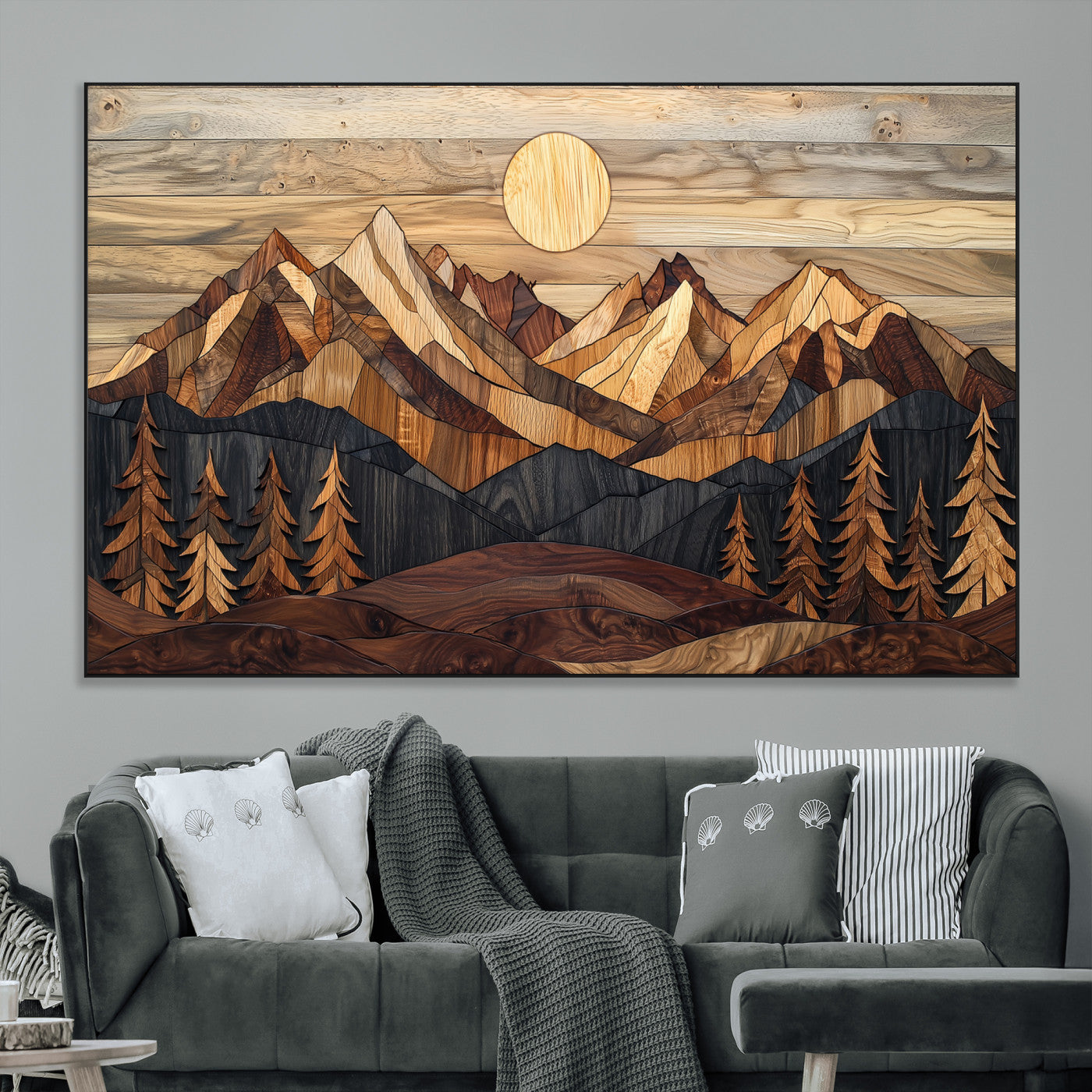 Mountain Landscape Wall Art Print - Sunset Hills Canvas Print, featuring an abstract nature scene with earthy tones and misty peaks, perfect for boho and modern decor.
