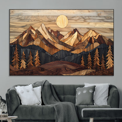 Mountain Landscape Wall Art Print - Sunset Hills Canvas Print, featuring an abstract nature scene with earthy tones and misty peaks, perfect for boho and modern decor.