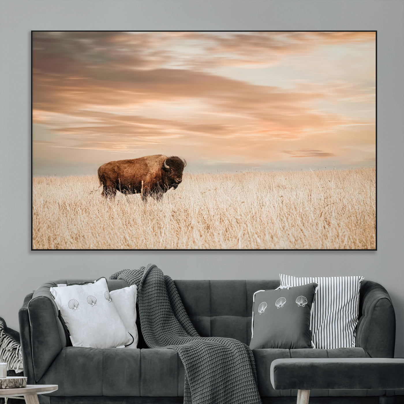 Bison Wall Art Print - Buffalo Canvas Print, featuring a lone bison in a golden prairie under a warm sunset sky, perfect for rustic and farmhouse decor.