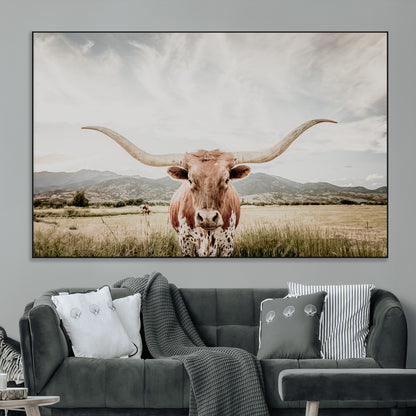 Longhorn Wall Art Print - Western Cow Canvas Print, featuring a majestic Texas longhorn in a rustic prairie setting, perfect for farmhouse and western decor.
