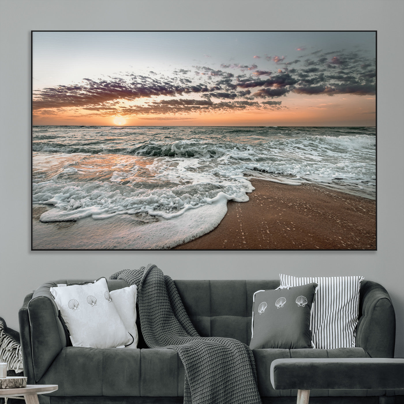 Ocean Sunset Wall Art Print - Beach Waves Canvas Print, featuring a serene seascape with golden sunlight reflecting on gentle waves, perfect for coastal and minimalist decor.