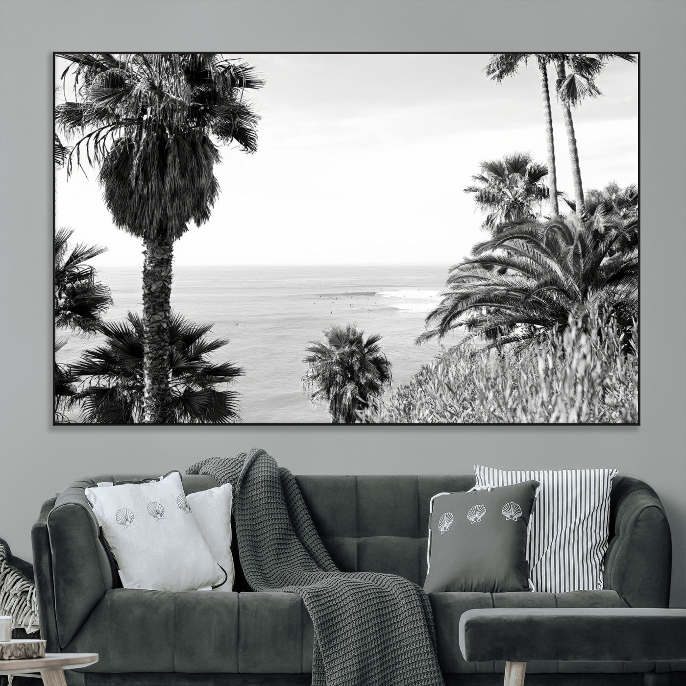 Monochrome canvas of palm trees framing a coastal surf scene, perfect for California-inspired or retro black-and-white beach decor.
