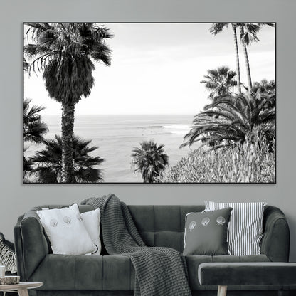 Monochrome canvas of palm trees framing a coastal surf scene, perfect for California-inspired or retro black-and-white beach decor.
