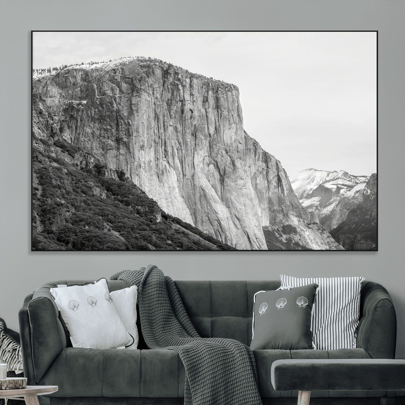 Monochrome canvas of El Capitan’s granite wall in Yosemite with snowy peaks, ideal for dramatic mountain or black-and-white nature decor.
