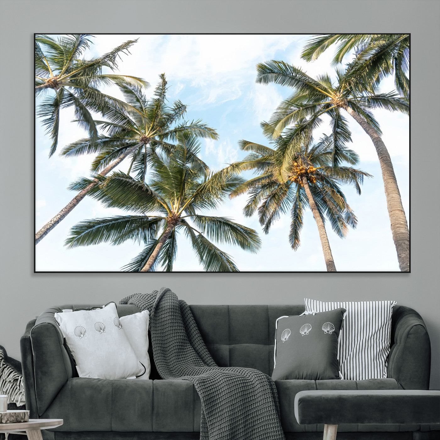 Framed canvas of tall palm trees reaching into a tropical sky, ideal for beach home or relaxed island-inspired wall decor.