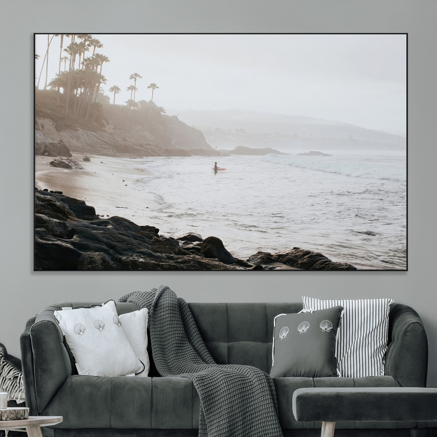 Framed canvas of a surfer in misty coastal tones at a foggy California beach, ideal for minimalist coastal beach or serene ocean-themed decor.