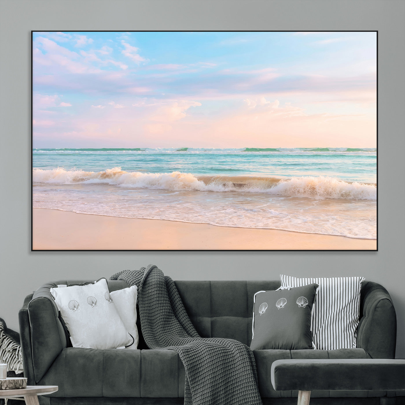 Pastel-toned ocean waves under soft sunset skies, ideal for pastel coastal or serene beach-style home decor.