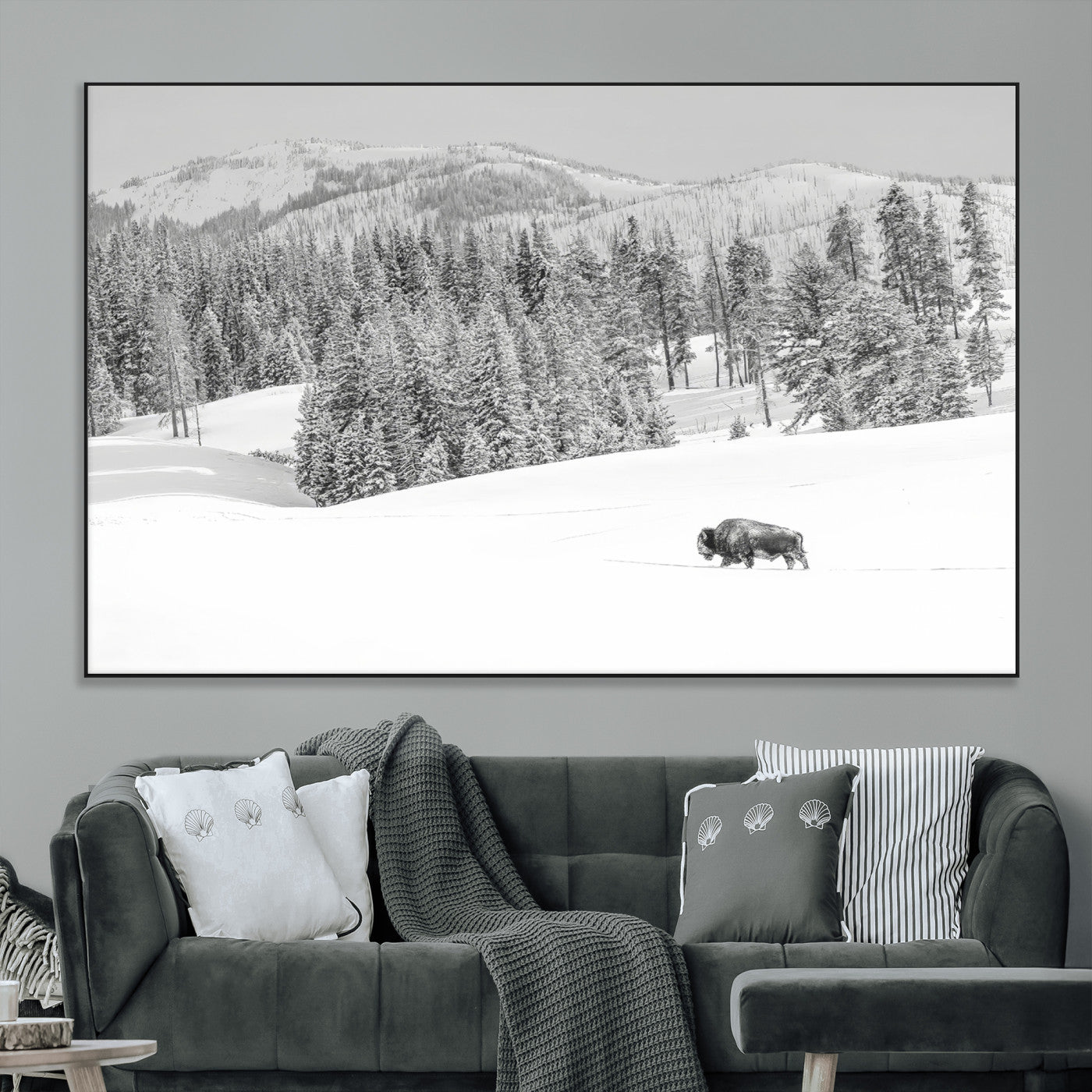 Snowy bison walking through white forest landscape, ideal for monochrome winter or wilderness-style interior wall decoration.