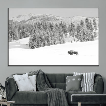 Snowy bison walking through white forest landscape, ideal for monochrome winter or wilderness-style interior wall decoration.