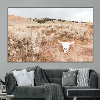 Rustic bull skull on dry sagebrush field under soft light, ideal for western minimal or desert prairie-style wall decoration.