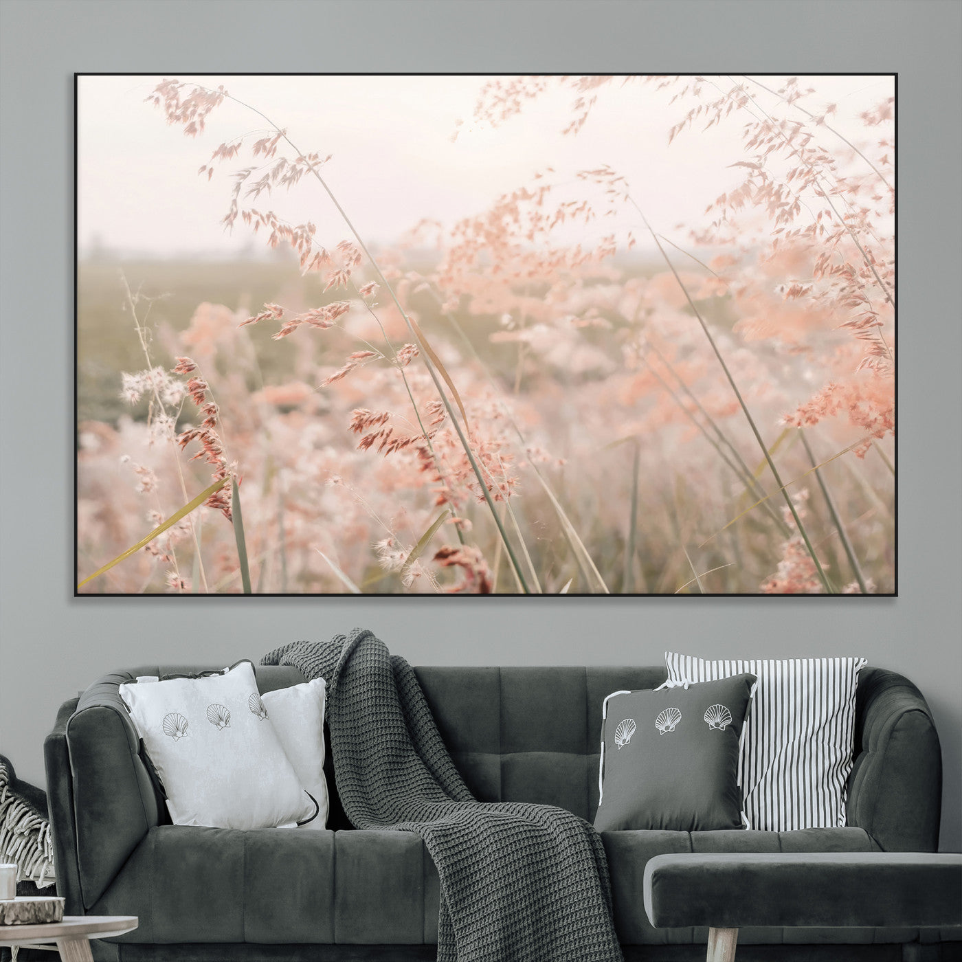 Soft pastel field with wild grasses in warm light, ideal for minimal nature or airy countryside-inspired interior wall decoration.