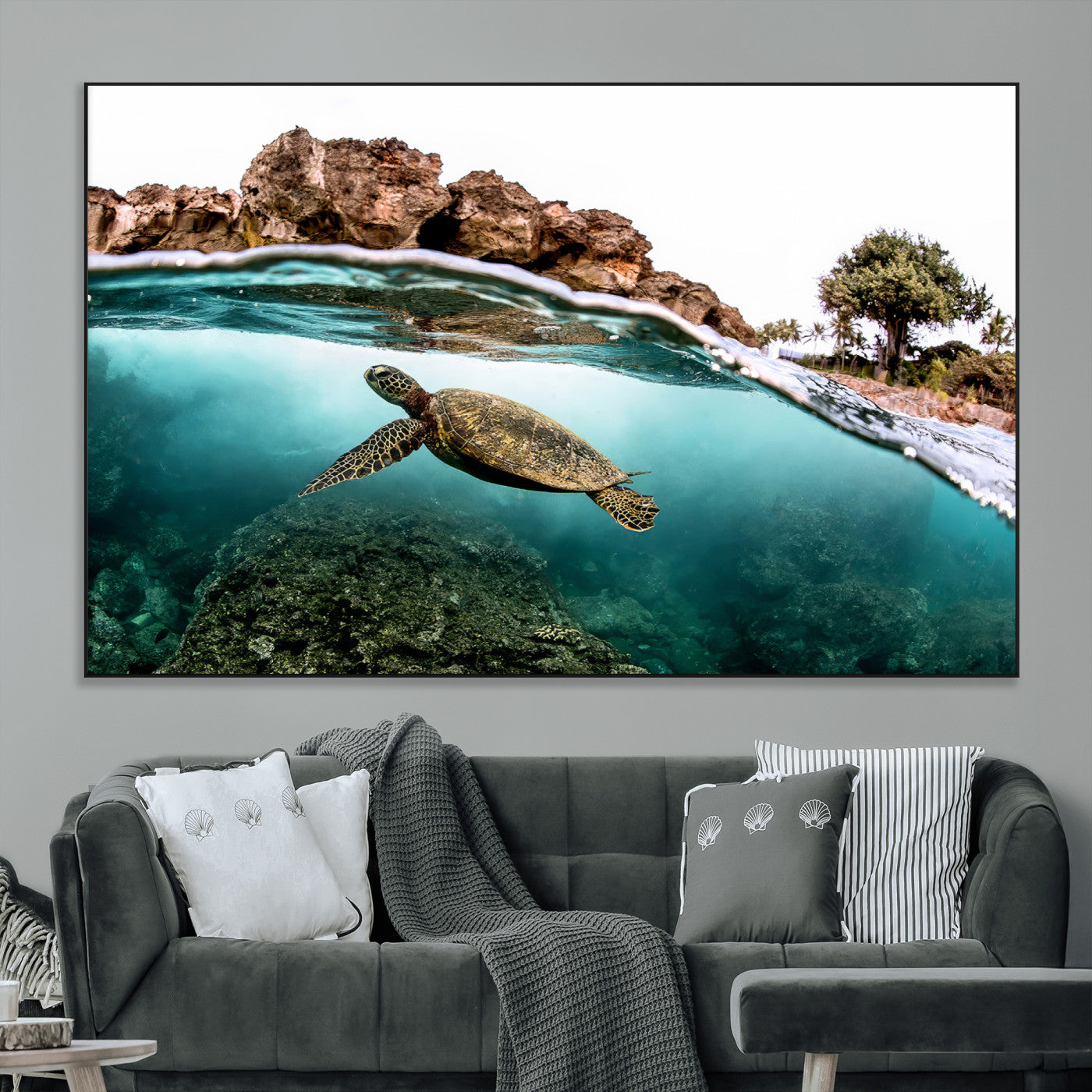 Dynamic split-view photo of a sea turtle swimming near rocky shores, perfect for vibrant coastal or tropical beach home decor.