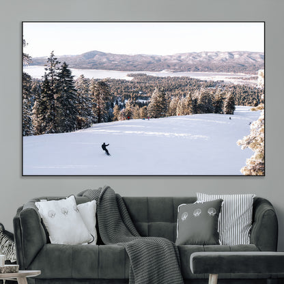 Canvas of a snowy mountain ski slope with pine trees and bright winter light, ideal for modern rustic or alpine-inspired home decor.