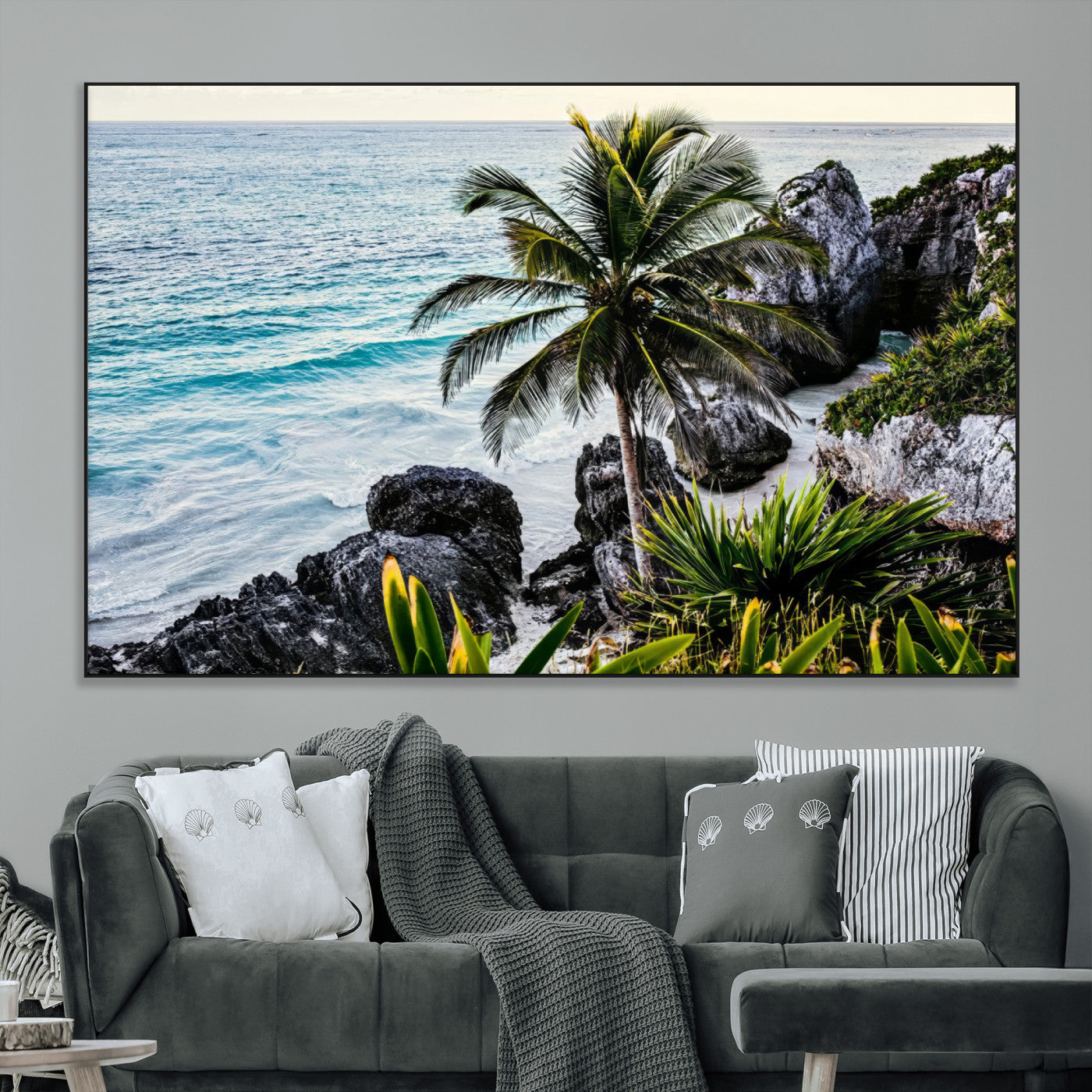 Framed canvas of a vibrant tropical coastline with palm trees, rocky cliffs, and turquoise waters, ideal for tropical coastal home decor.