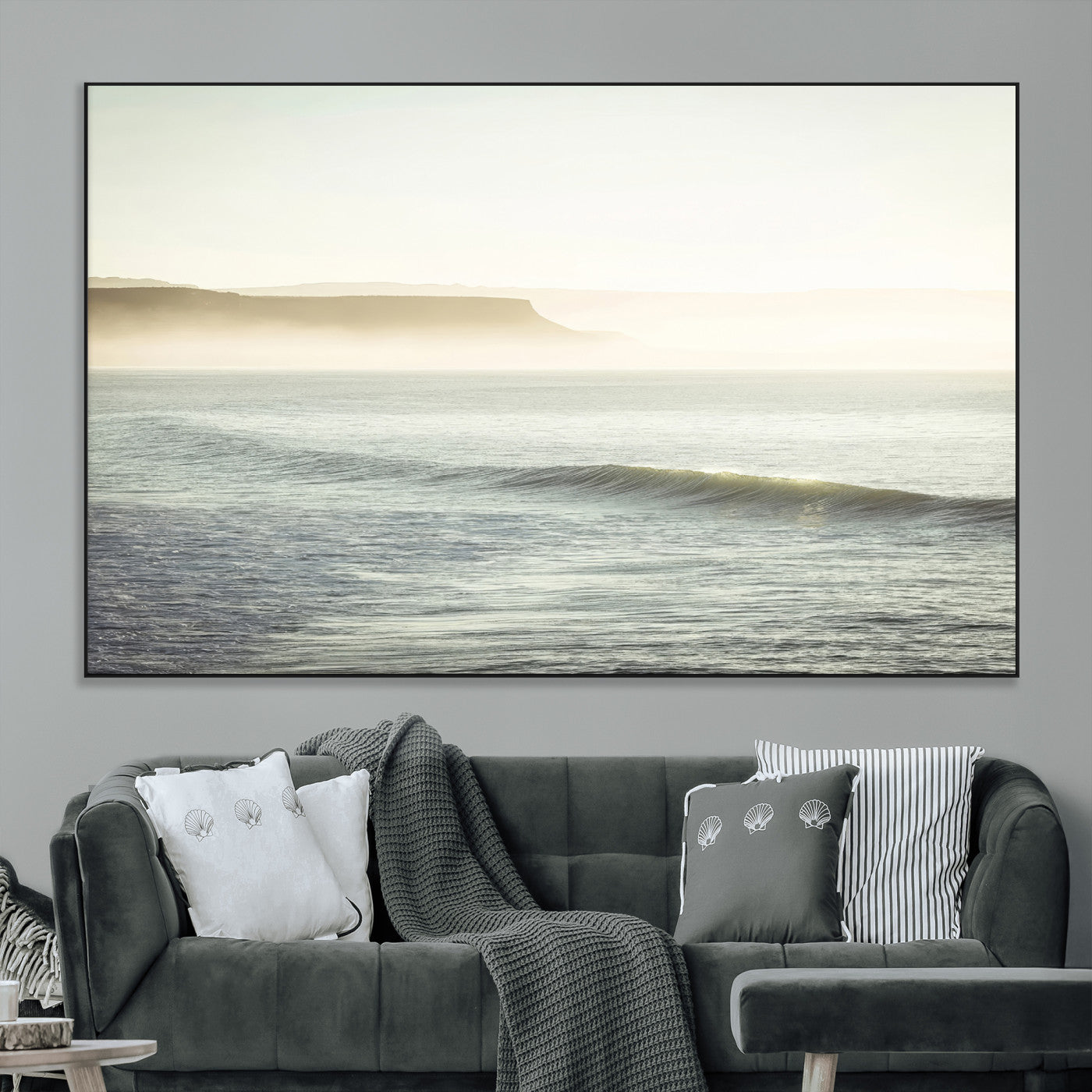 Canvas of a misty ocean scene with coastal cliffs and soft neutral tones, ideal for Scandinavian coastal or minimalist nature-inspired home decor.
