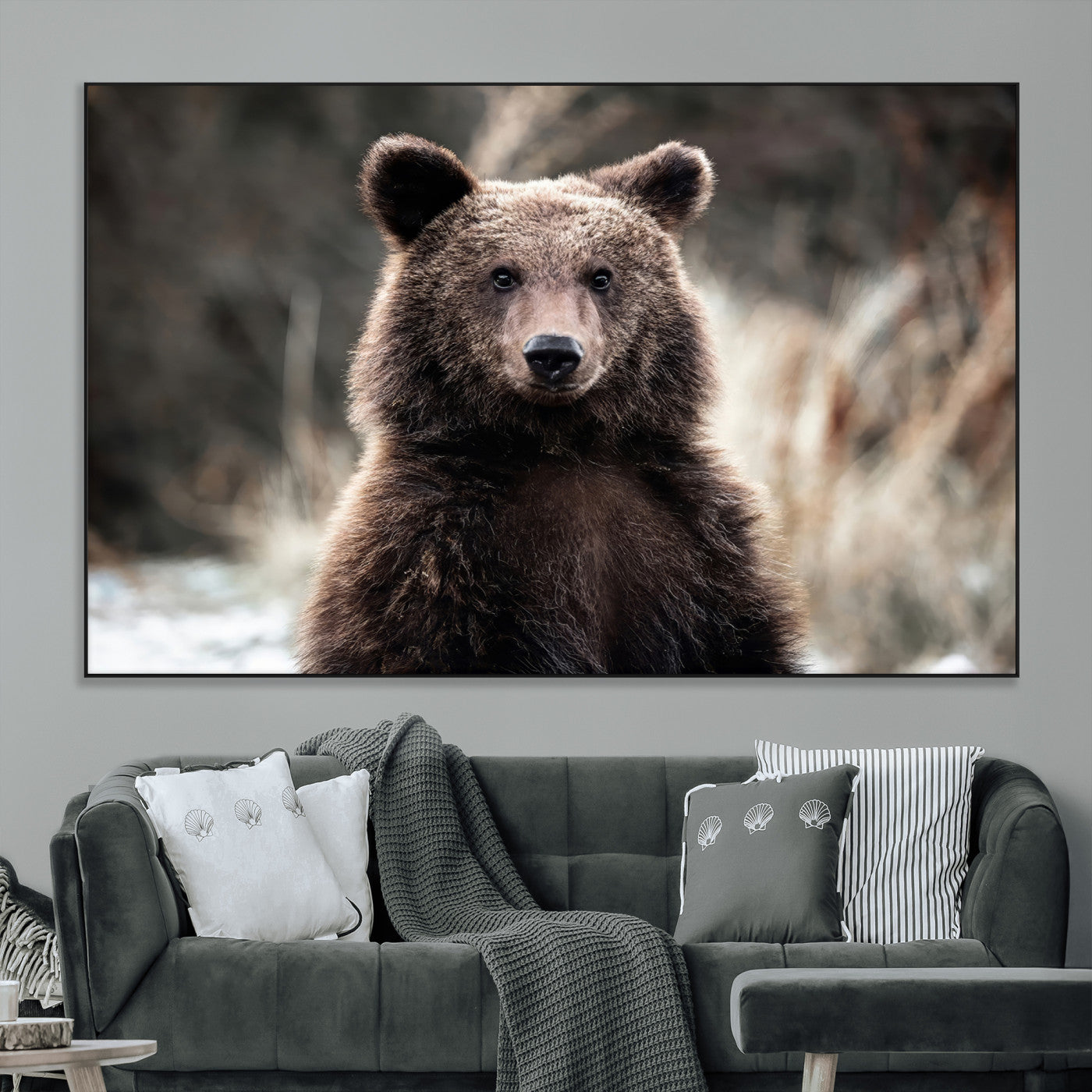 Canvas of a brown bear in soft earthy tones and moody forest light, ideal for rustic cabin or woodland nature-themed home decor.