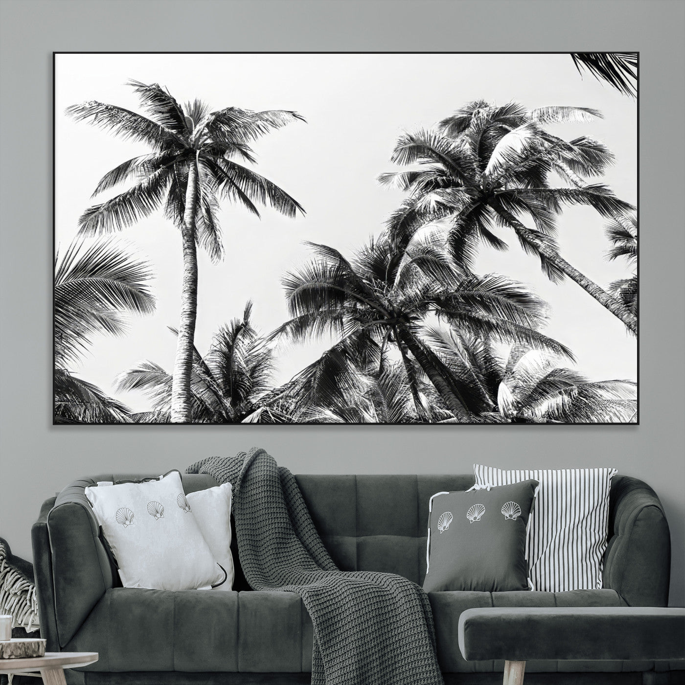Black and white canvas of tall palm trees in moody tones, perfect for modern tropical minimalist or coastal-style home decor.