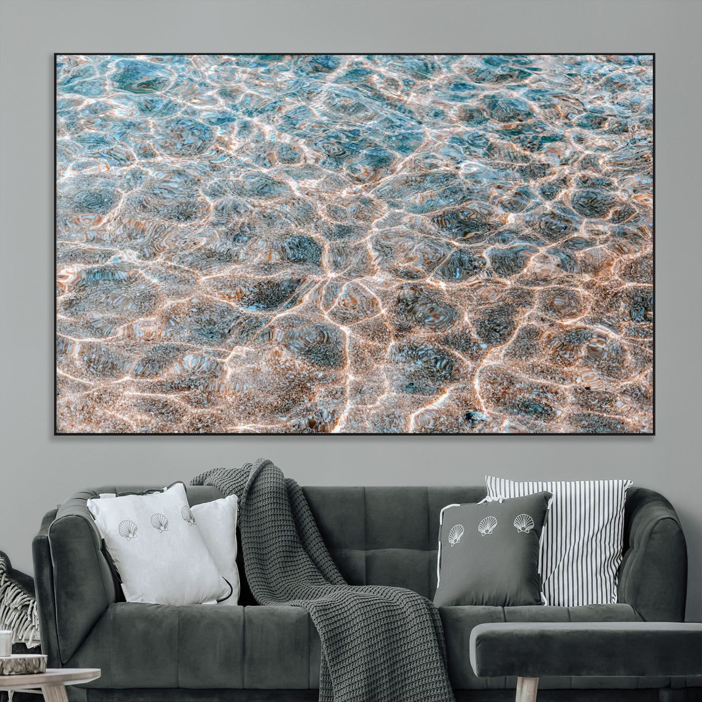 Close-up of sunlit ocean ripples with aqua blue and golden tones, ideal for modern coastal or minimalist home decor.