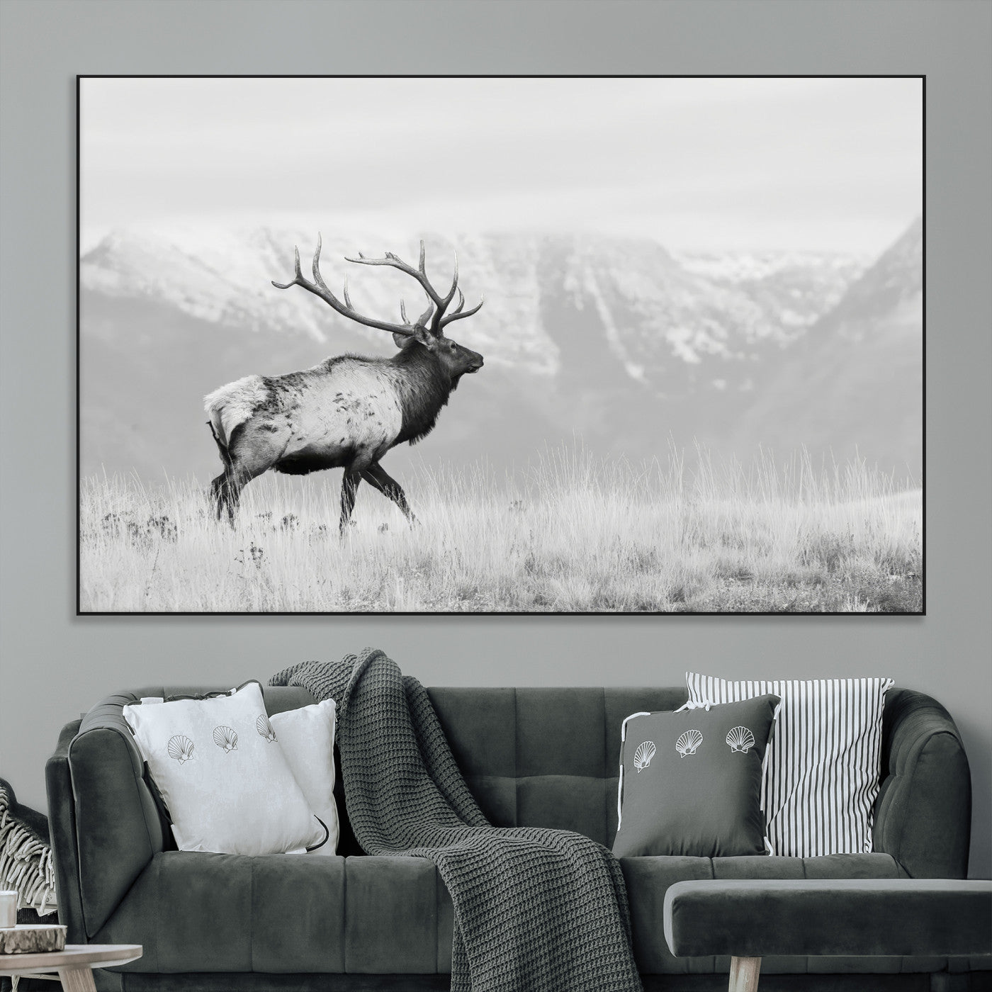 Black and white photograph of a majestic elk standing in a grassy field with snow-capped mountains in the background, creating a bold and rustic wilderness scene.