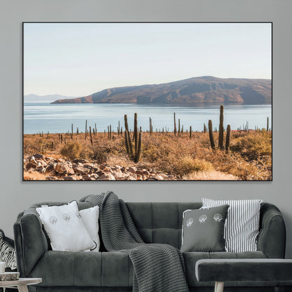 Warm desert landscape with cacti and coastal mountains, perfect for southwestern or earthy calm-themed home wall decor.