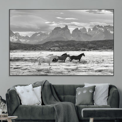 A black and white landscape of wild horses grazing in a vast grassland with towering mountains in the background, creating a moody and rustic western aesthetic.
