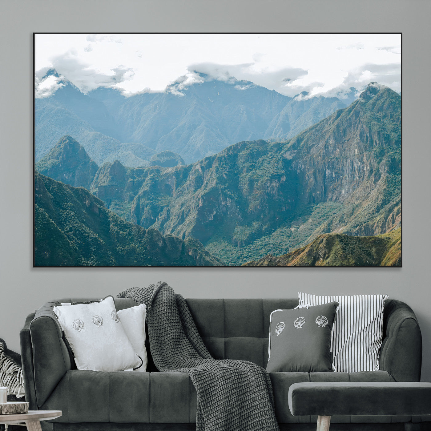 A misty mountain landscape with cloud-covered Andean peaks and lush green valleys, creating a dramatic and serene view, perfect for rustic or nature-inspired home decor.