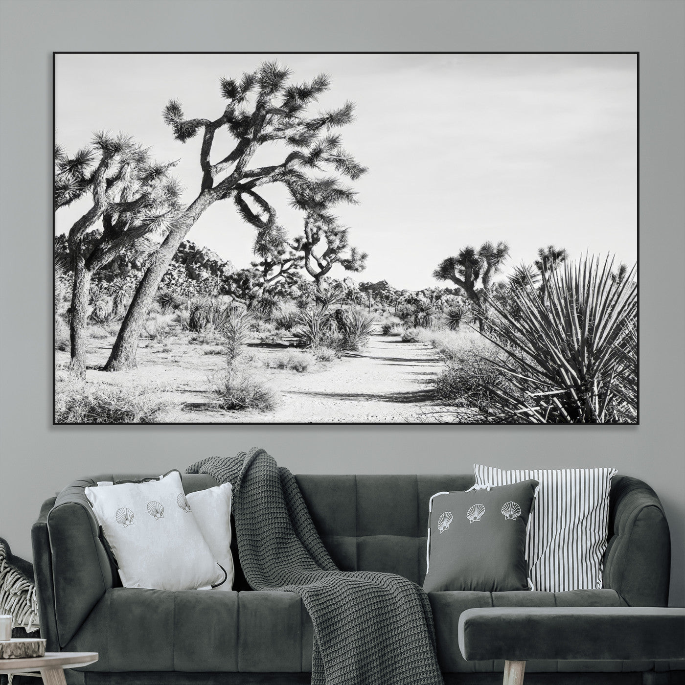 Canvas of a Joshua Tree forest in black and white tones, featuring a desert path and spiky vegetation, ideal for minimalist or rustic decor.