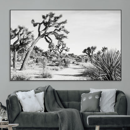 Canvas of a Joshua Tree forest in black and white tones, featuring a desert path and spiky vegetation, ideal for minimalist or rustic decor.