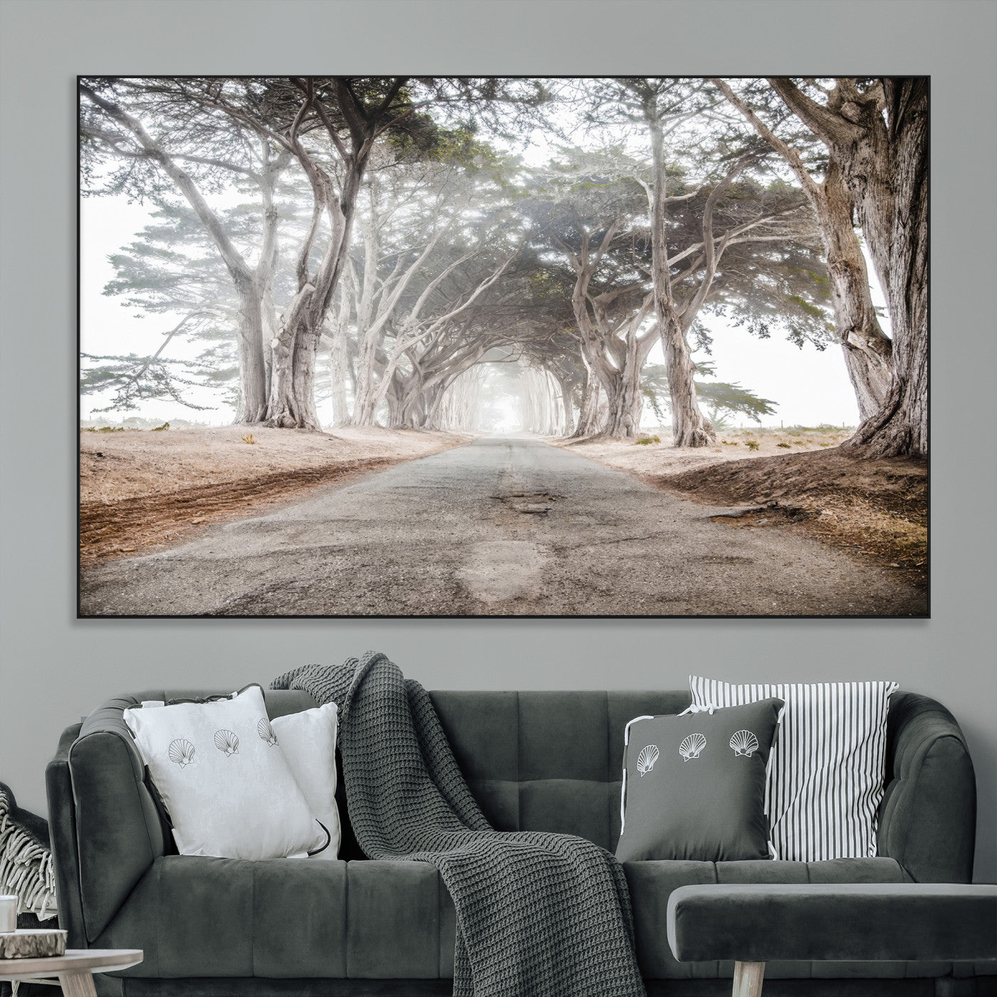 Canvas of a misty tree tunnel with arching cypress trees and an earthy road, ideal for rustic or coastal nature decor.