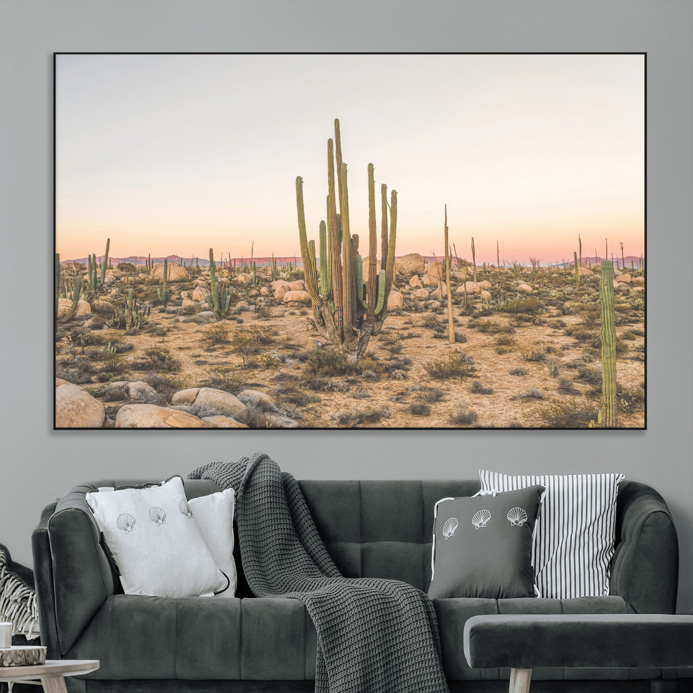 Canvas of tall desert cacti in warm sunset tones over a rocky Baja landscape, ideal for earthy or Southwestern-style home decor.