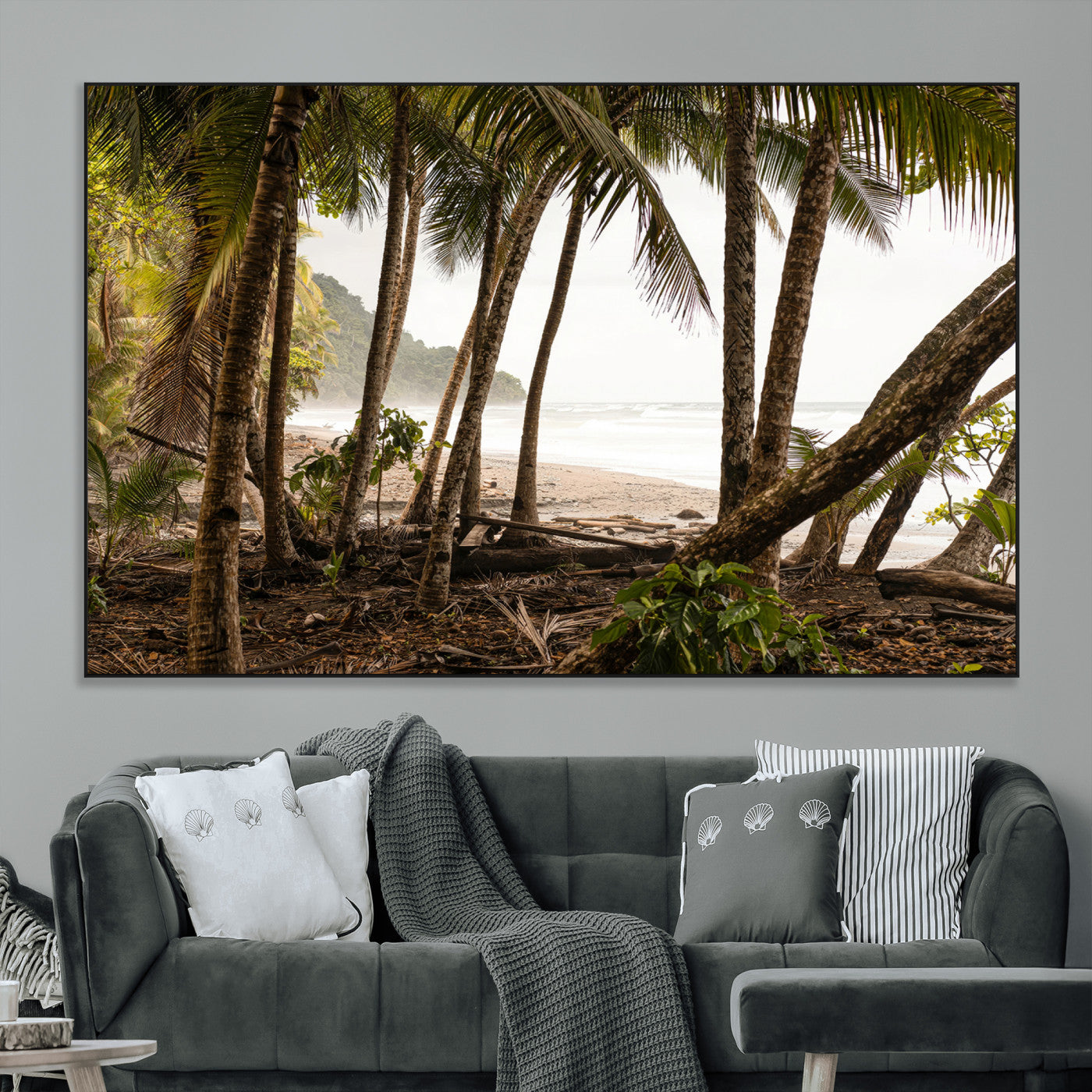 Dense tropical palm trees framing a sandy beach and ocean shore, ideal for jungle or coastal themed interior wall decor.