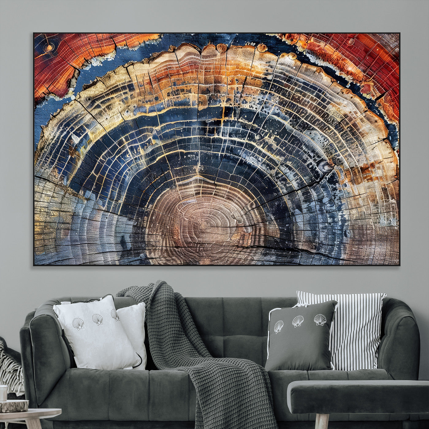 Vibrant tree ring with orange, brown, and blue tones in abstract detail, perfect for rustic or boho-inspired wall decor.