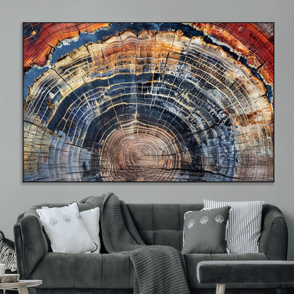 Vibrant tree ring with orange, brown, and blue tones in abstract detail, perfect for rustic or boho-inspired wall decor.