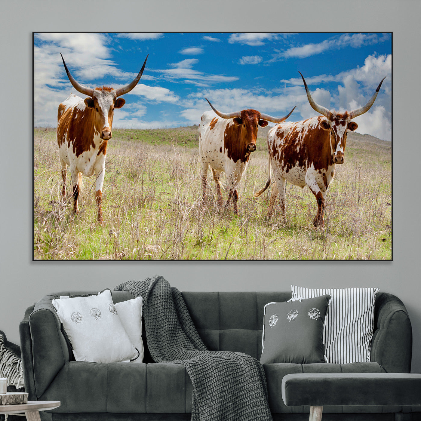Three Texas longhorn cattle standing in dry grass under a bright blue sky, ideal for farmhouse or western rustic home decor.